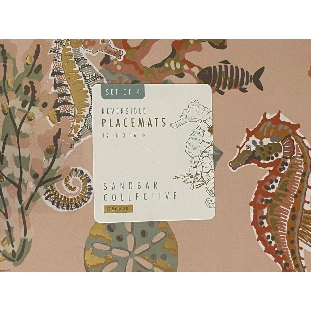 Envogue Cork Placemats Set Of 4 Pink Teal Reversible Starfish Seahorse 12x16